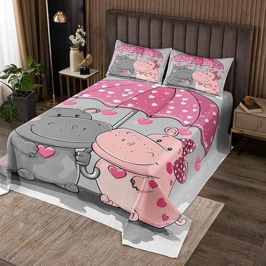 Erosebridal Hippo Bedding Set Cartoon Animal Bedspread for Girls Boys Lady Youth,Pink Umbrella Coverlet Set Cute Wildlife Quilt Set Love Heart Bedroom Decor Twin Size Gray