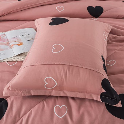 Caressma Heart Pattern Queen Size Comforter Set, Pale Pinkish Girls 3 Pieces Love Bedding Comforter, Soft Microfiber Fluffy Lovely Comforter Set for All Seasons Room Decor