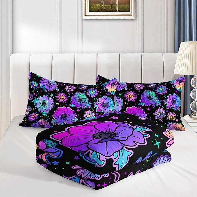Axolotl Neon Floral Bedding Set Queen,Gradient Floral Comforter Set for Girls,Colorful Flower Bedding Set Stars,Galaxy Series Comforter for Kids Boys Girls Teens Adults,1 Quilt 2 Pillowcases,Black