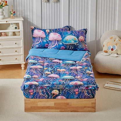 Kids Zipper Bedding Set for Girls and Boys, 3pcs Jellyfish Comforter Set Twin with Fitted Sheet and Pillowcases, All in One Zipper Bed in a Bag Super Soft Microfiber Lightweight, Pink Blue