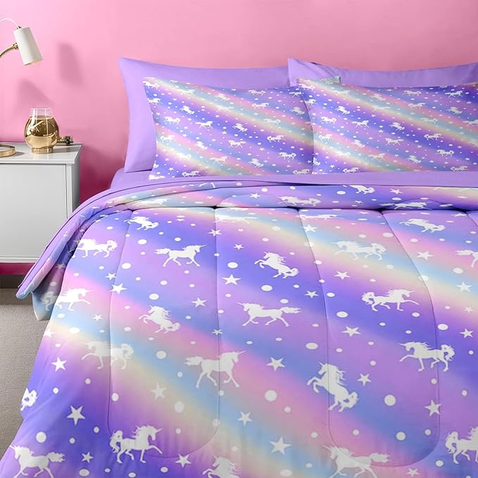 Nesker Comforter Set Twin Size, Purple Colorful Unicorn 5 Pcs Bedding for Kids Teens, Rainbow Star Bed Sheet with Pillowcase & Sham