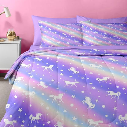 Nesker Comforter Set Twin Size, Purple Colorful Unicorn 5 Pcs Bedding for Kids Teens, Rainbow Star Bed Sheet with Pillowcase & Sham