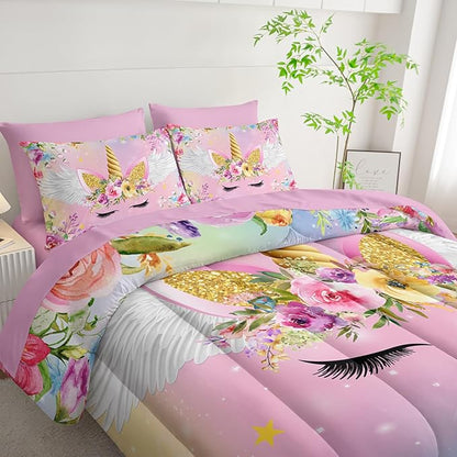 Unicorn Comforter Set Twin - 7 Pcs Floral Girls Bedding, Pink Purple Blue Girls Quilt Set, All Season Microfiber Comforter, Sheets, Pillowcases