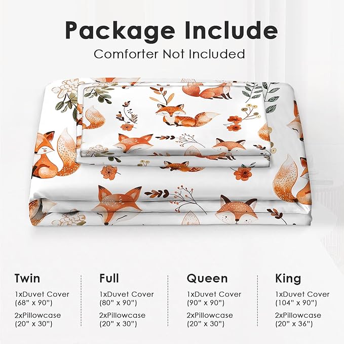 Fox Bedding Set 3 Pieces King Size Fox Duvet Cover Comforter Cover Sets with 2 Pillowcases for Boys Girls Teens Men Women