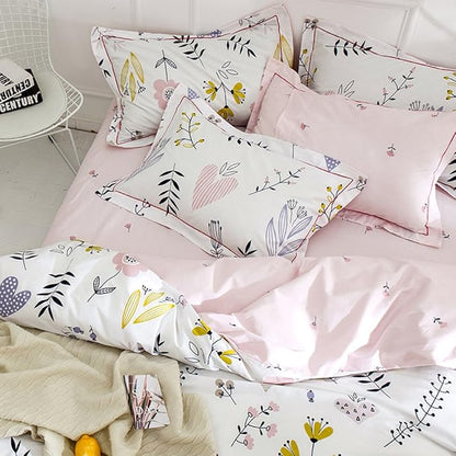 BuLuTu Floral Love Print Girls Duvet Cover Full White/Pink Cotton Premium Blossom Kawaii Reversible Kids Bedroom Comforter Cover Queen Duvet Cover for Toddler,Teen,Lightweight,Zipper Closure