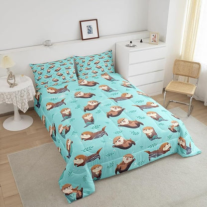 Otter Kids Comforter Set,Cute Cartoon Wild Animals Bedding Set for Boys Girls Teens,Green Plants Water Bubbles Graffiti Quilted Comforter with 2 Pillowcases Queen Size 3 Pcs