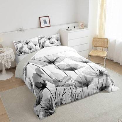 Erosebridal Vintage Grey Floral Toddler Bedding Set,Black and Gray Flower Comforter Set for Kids Girls,Country Flowers Bed Set Rustic Wildflower Room Decor with 1 Pillowcase,Breathable