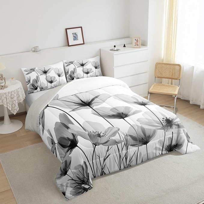 Erosebridal Vintage Gray Floral King Bedding Set,Black and Grey Flower Comforter Set for Kids Girls Women,Country Flowers Quilt Rustic Wildflower Bedroom Decor with 2 Pillowcases,Breathable