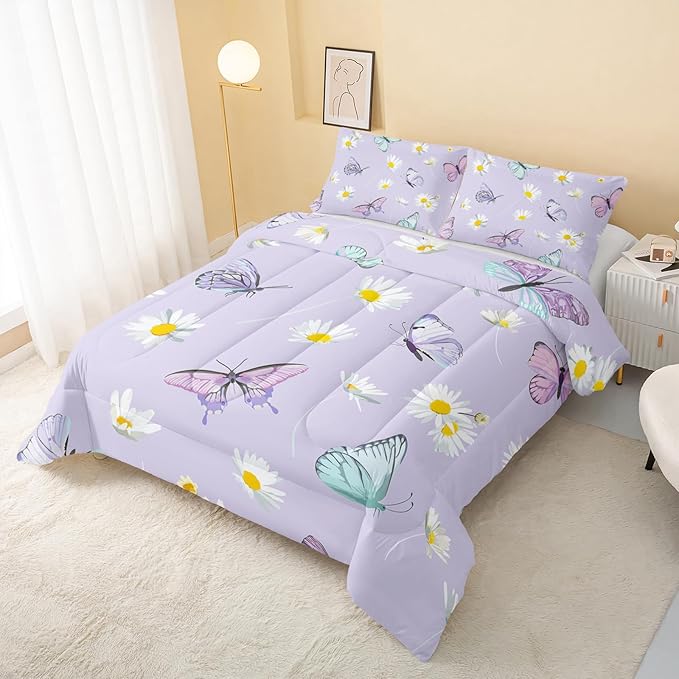 QOOMO Butterfly Comforter Set for Kids Teens Girls Women,Daisy Kids Bedding,1 Comforter with 2 Pillowcase, Microfiber 3 Piece Bedding Set for All Seasons，Full Size