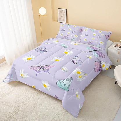 QOOMO Butterfly Comforter Set for Kids Teens Girls Women,Daisy Kids Comforter,1 Comforter with 2 Pillowcase, Microfiber 3 Piece Bedding Set,for All Seasons，King Size