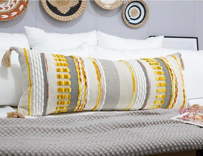 Chenille and Cotton Long Pillow for Bed, Striped Textured Boho Lumbar Throw Pillow Cover 12x36, Neutral Accent Decorative Extra Long Body Pillow Case for Couch, Sofa, Bedroom, Yellow