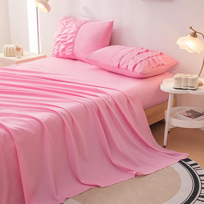 MWMWMW 5 Pcs Girls Pink Comforter Set Twin, Pink Ruffle Princess Bedding Set, Girls Bedding Set Twin with 1 Comforter, 1 Flat Sheet, 1 Fitted Sheet & 2 Pillowcases