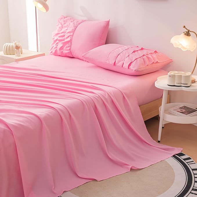 MWMWMW 5 Pcs Pink Comforter Sets Full, Pink Princess Comforter Set, Girls Bedding Sets Full with 1 Comforter, 1 Flat Sheet, 1 Fitted Sheet & 2 Pillowcases