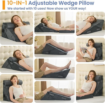 Sasttie Wedge Pillow Set for After Surgery, 2PCS Adjustable Bed Wedge Pillow Headboard with Memory Foam Neck Cushion – for Acid Reflux, Sleeping, Neck & Back Support, Velvet & Dark Grey