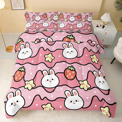 QOOMO Kawaii Rabbit Comforter,Strawberry Rabbit Comforter Set for Kids Teens Girls,3Pcs Bedding Set Printed Comforter with 2 Pillowcases,Down Alternative,Soft and Lightweight(Pink，King Size)