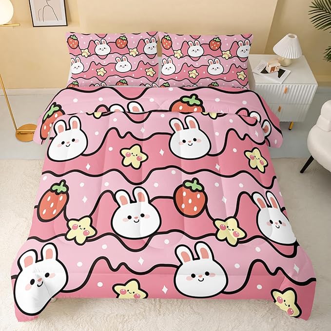 QOOMO Kawaii Rabbit Comforter,Strawberry Rabbit Comforter Set for Kids Teens Girls,3Pcs Bedding Set Printed Comforter with 2 Pillowcases,Down Alternative,Soft and Lightweight(Pink，Twin Size)