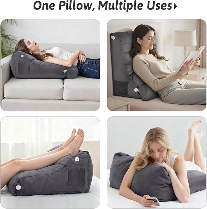 2PCS Reading Backrest Pillow Set,Soft FleeceLike,22''x24'' Bed Rest Pillow w/Removable Washable Cover,for Sit/Sleep,Leg/Back Support,Acid Reflux,PostSurgery Relief,Side Phone Pocket,Dark Grey