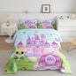 jejeloiu Cartoon Castle Bedding Set Toddle Size Girls Pink Green Comforter Set for Kids Teens Princess Style Duvet Set Pumpkin Carriage Quilt Set 2Pcs