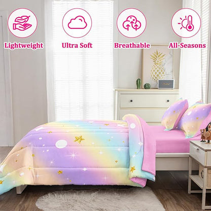 5 Pcs Full Bedding Sets for Girls, Pink Glitter Rainbow Bed in A Bag Full Size Bed Set, Stars Galaxy Bedding Comforter Set for Girls