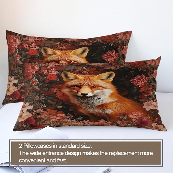 Fox Print Duvet Cover Queen Size, Colorful Flowers Fox Bedding Set 3 Piece Bedroom Decor Vintage Animal Floral Comforter Cover and 2 Pillow Sham with Zipper Closure