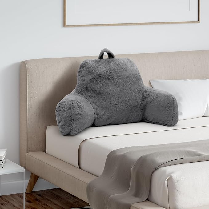 Reading Pillow for Sitting in Bed Adult, Standard Reading Pillow with Memory Foam, Back Pillow for Bed Sitting Up with Extend Arms, Grey