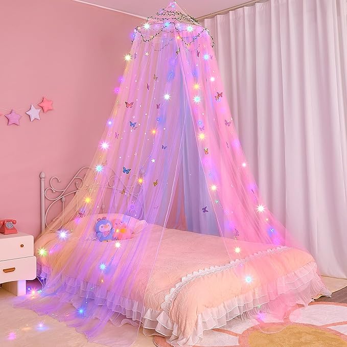 FIOBEE Bed Canopy for Girls Room Bed Canopy Curtains with Led Lights Mosquito Net DIY Princess Room Décor with Stars Butterflies for Kids Bedroom, Rainbow