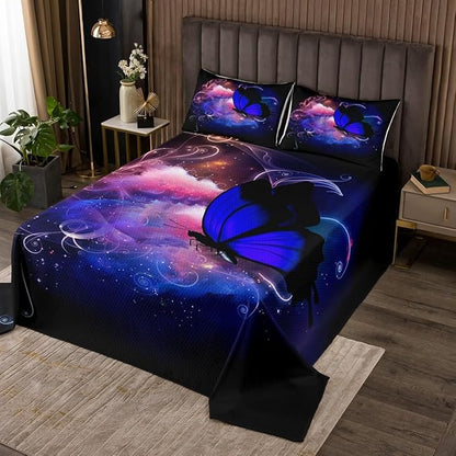 Erosebridal Dreamlike Blue Butterfly Quilted, Colorful Aesthetic Flying Butterflies Coverlet Set, Mystery Bedspread, Watercolor Bedspread Quilt Set Room Decor for Kids Boys Girls Teens Children, Queen