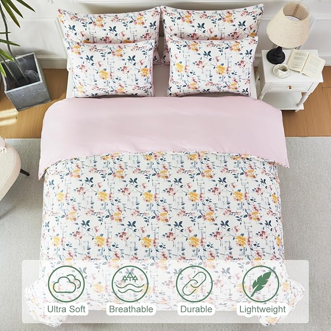 URBONUR Garden Floral Duvet Cover Set 100% Egyptian Cotton Silky Sateen Smooth Breathable Durable Soft Bedding Sets Purple Yellow Flowers Printed on White (3Pcs Queen, 90''x90'')