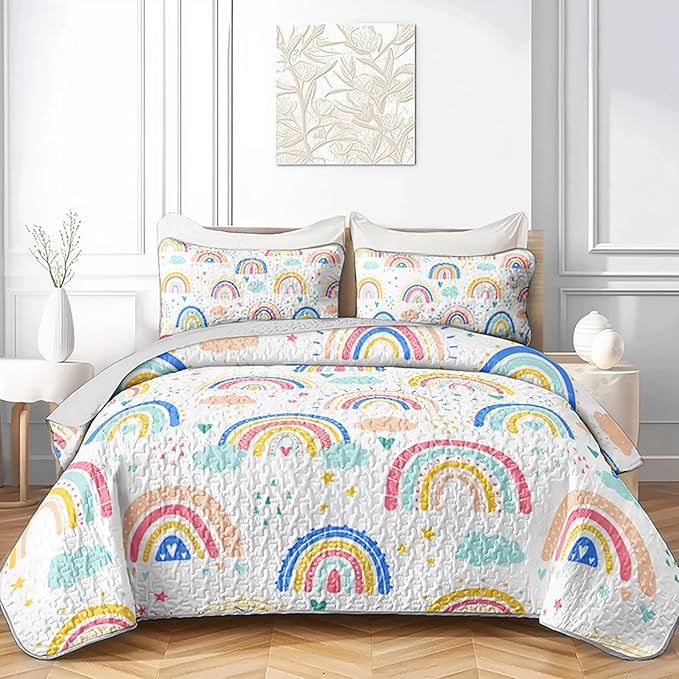 QOOMO Rainbow Quilt Set Twin Size,Colorful Rainbow Bedspread Coverlet Set,Cloud and Star 3Pcs Bedding Set Printed Quilt with 2 Pillowcases,Soft and Lightweight,for All Seasons