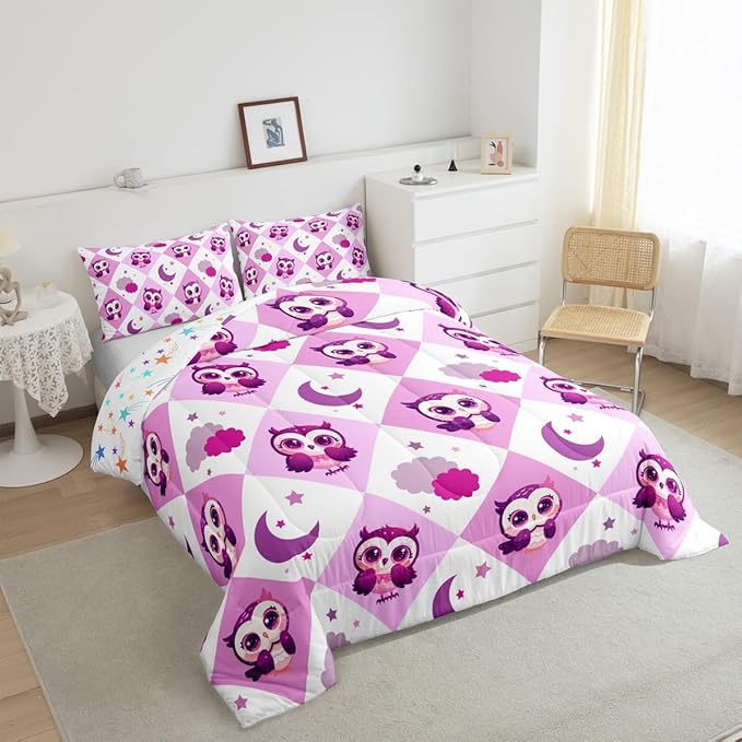 Castle Fairy Cartoon Owl Comforter Set Queen Size Hand Drawn Star Moon Bedding Set Kids Boys Girls Kawaii Jungle Animal All Season Quilt Set Pink Violet Checkered Plaid Bedding Comforter Sets,3Pcs