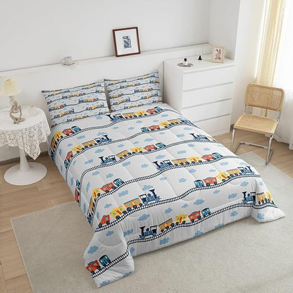 Erosebridal Train Bedding Sets Navy Locomotive Train Comforter Set King,Cartoon Steam Engine Down Comforter for Kids Toddler Cute Clouds Transportation Cars Duvet Insert with 2 Pillowcases
