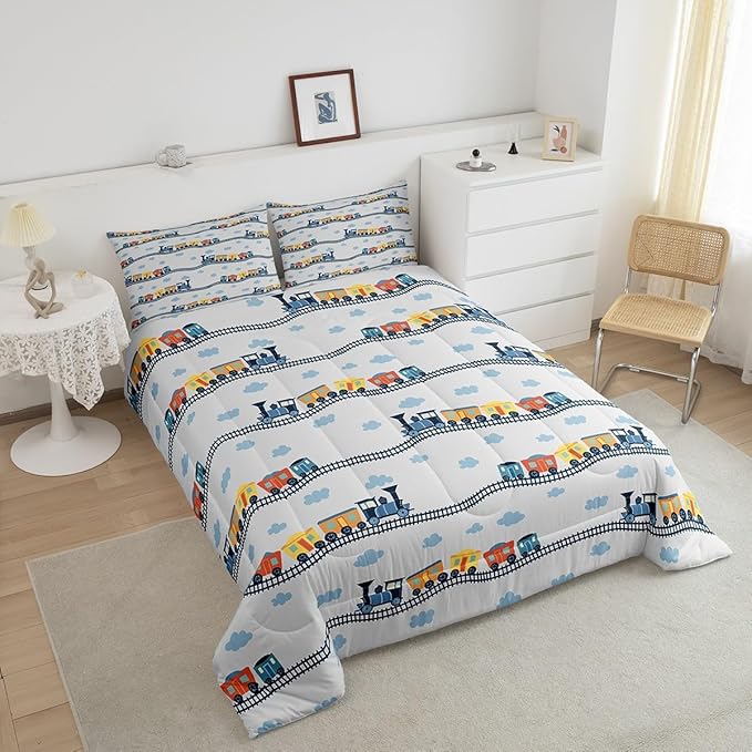 Erosebridal Train Bedding Sets Navy Locomotive Train Comforter Set Full,Cartoon Steam Engine Down Comforter for Kids Toddler Cute Clouds Transportation Cars Duvet Insert with 2 Pillowcases