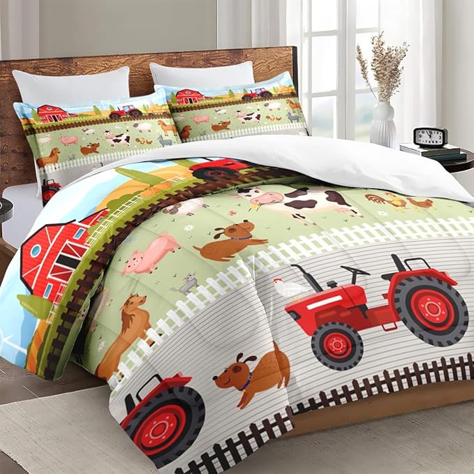 Full Size Comforter Set with 2 Pillowcase, Farm Animal Birds Soft 3 Pcs Bedding for Kids and Adults, Barn House Cute Comforter Set for Room Bedroom Bed Decor