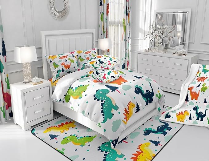 Cartoon Dino Kids Duvet Cover Set Full Size,Cute Dinosaur Watercolor Wild Animal Comforter Cover with 2 Pillowcases,Kawaii Dino Dots Pine Cloud Print Breathable Bedspread for Boys Teens