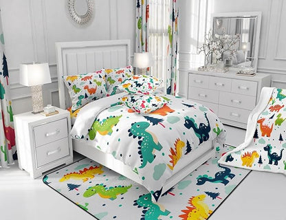 Cartoon Dino Kids Full Size Comforter Set,Cute Dinosaur Watercolor Wild Animal Bedding Comforters Bedroom Collection,Kawaii Dino Dots Pine Cloud Print Bedding Set for Girls Teens