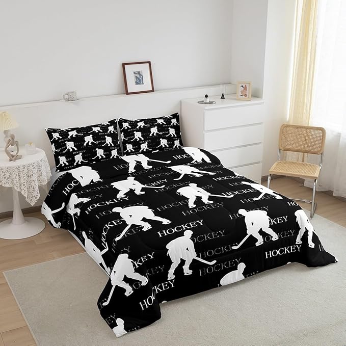 Castle Fairy Ice Hockey Comforter Set,Black Hockey Player Bedding Set for Kids Girls Women,Adults Winter Sports Comforter,Hockey Sports Event Quilted Duvet Set Bedroom Collection Twin Size 2Pcs