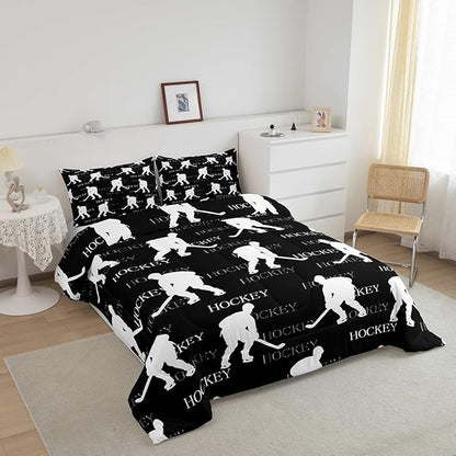 Castle Fairy Ice Hockey Comforter Set,Black Hockey Player Bedding Set for Kids Girls Women,Adults Winter Sports Comforter,Hockey Sports Event Quilted Duvet Set Bedroom Collection Twin Size 2Pcs