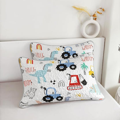 AILONEN Cartoon Dinosaur Quilt Set Full Size, 3-Piece Dino & Construction Excavator Bedspread Coverlet Set,Soft Microfiber with 2 Pillowcases for Kids Girls