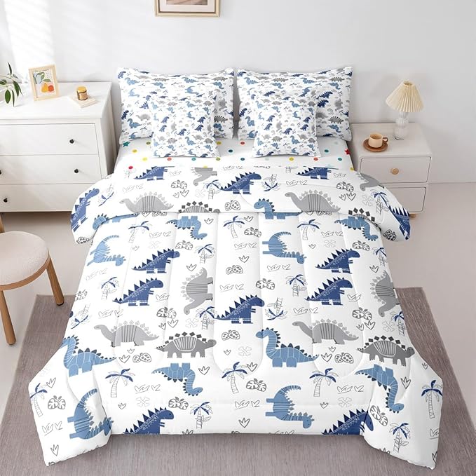 Feelyou Cute Dinosaur 7 Piece Bedding Set Blue Grey Dinosaur Comforter Set with Sheets for Kids Boys Girls Nutrue Palm Tree Bed in a Bag Animal Theme Bed Set Soft Lightweight