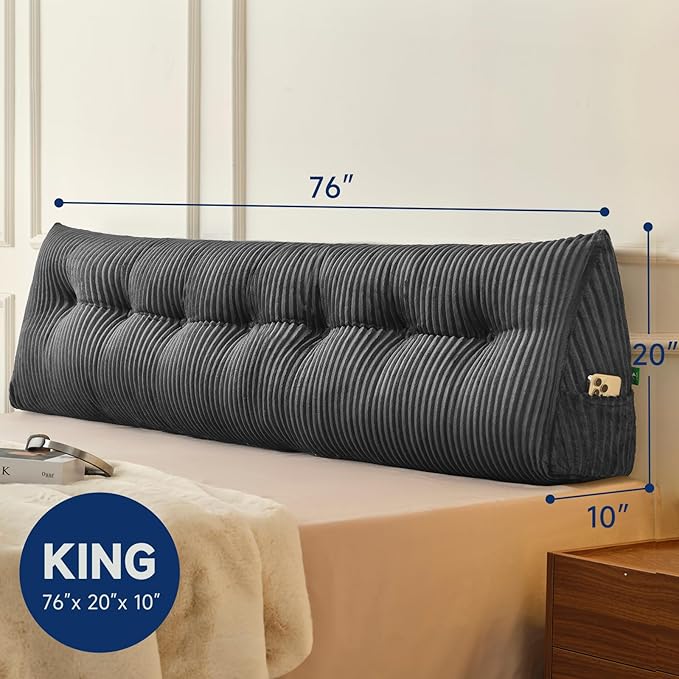 Z-hom King Headboard Pillow, Triangular Wedge Reading Pillow for Bed or Sofa, Ergonomic Backrest Cushion for Sitting Up, Reading or Relaxing, with Side Pocket，Removable Washable Cover,Grey