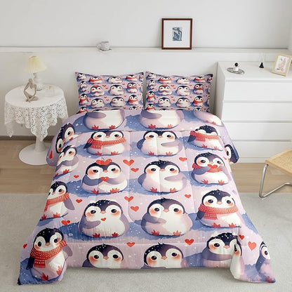 Cute Penguin Comforter Set Twin Size for Kids Geometric Love Heart Bedding Sets All Season Kawaii Wildlife Animal Quilt Set Bedroom Decor Cartoon Penguins Down Comforter,2Pcs