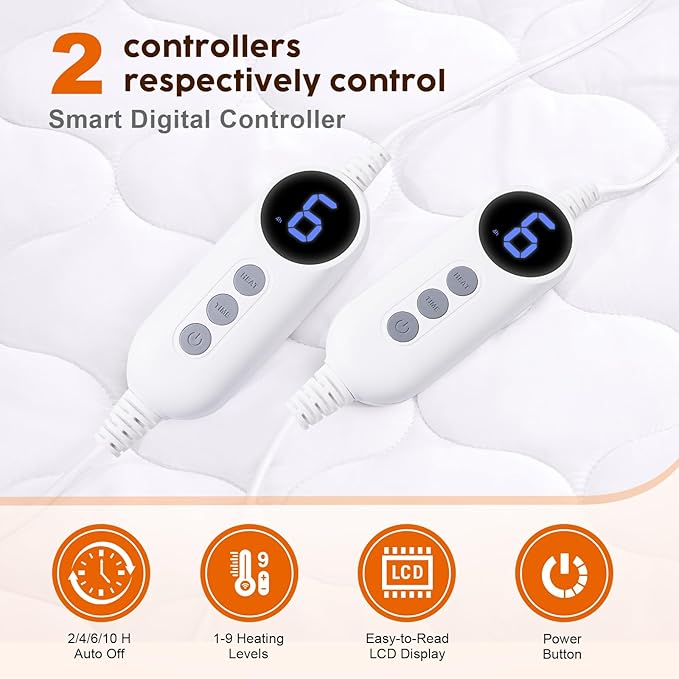 HYLEORY Heated Mattress Pad Cal King Size Dual Control, Fast Heating Bed Warmer, Electric Mattress Pad Cover with Deep Pocket 9 Heat Settings, 10 H Auto Shut Off, Machine Washable, White 72"*84"