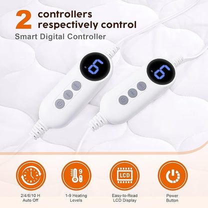 HYLEORY Heated Mattress Pad Cal King Size Dual Control, Fast Heating Bed Warmer, Electric Mattress Pad Cover with Deep Pocket 9 Heat Settings, 10 H Auto Shut Off, Machine Washable, White 72"*84"