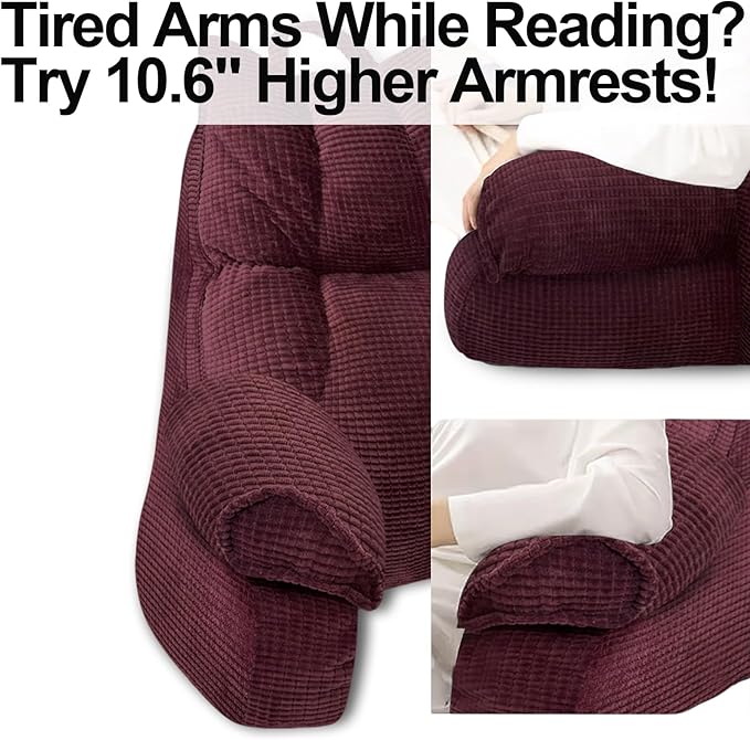 RRPAHWTV Reading Pillow for Bed with High Arm Rests,Back Support Pillow for Sitting Up in Bed with Shredded Memory Foam for Reading, TV, Gaming or Relaxing on Floor（Plum, Large）