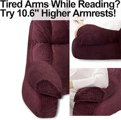RRPAHWTV Reading Pillow for Bed with High Arm Rests,Back Support Pillow for Sitting Up in Bed with Shredded Memory Foam for Reading, TV, Gaming or Relaxing on Floor（Plum, Large）