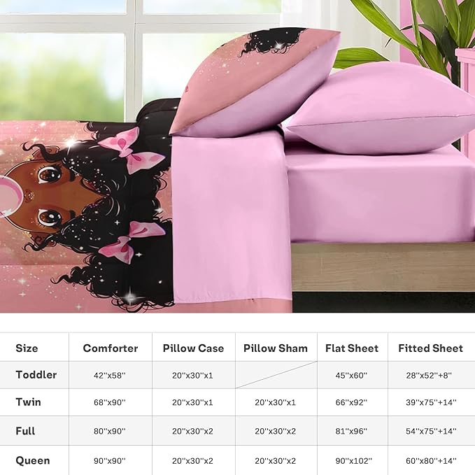 Nesker 7 Pcs Comforter Set Queen Size, African American Princess Bubbles Bedding for Kids Teen, Pink Black Girl with Fitted Sheet 2 Pillowcases & 2 Shams for Bedroom Bed Decor