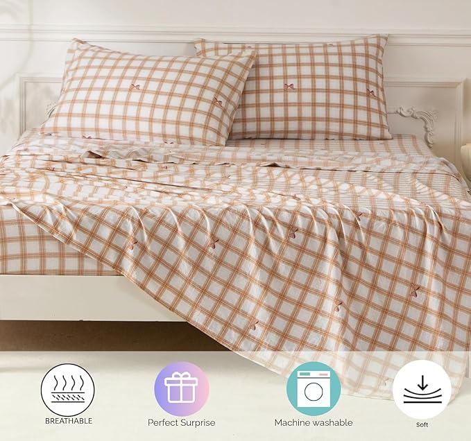 SDY 7PCS Bowknot Checkered Bedding Set Twin, Cozy Bow Bedding Set for Kids,Boys and Girls with Washed Microfiber Comforter, Flat Sheet, Fitted Sheet and Pillowcases & Shams