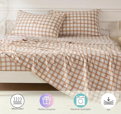 SDY 7PCS Bow Checkered Bedding Set Full,Washed Microfiber for Kids,Boys and Girls with Comforter, Flat Sheet, Fitted Sheet and Pillowcases & Shams