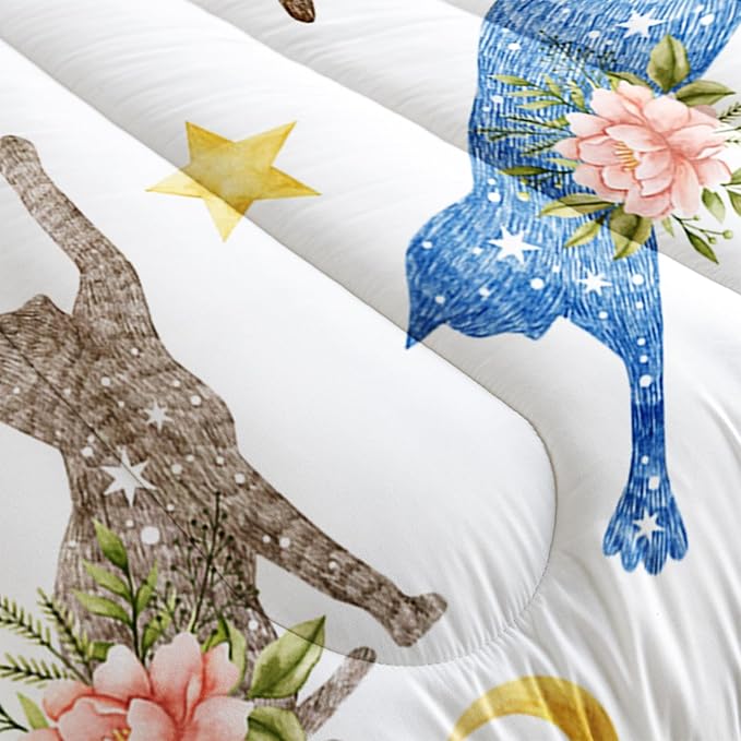 Cute Cat Comforter Set Full Size, Colorful Flower Cat with Flowers Duvet Set, White Comforter with Moon and Star Pattern, Kids Gift for Bedroom Decor