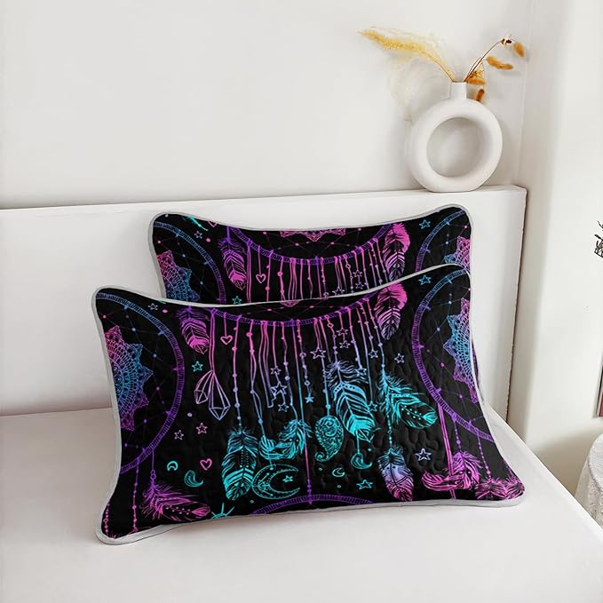 AILONEN Dreamcatcher Quilt Set King Size,Purple Blue Feather Print Bedspread Coverlet,Bohemian Mandala Bedding Set Printed with 2 Pillowcases,Soft and Lightweight